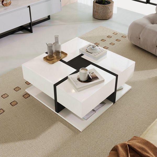 MODFU Couchtisch mit versteckten Schubladen (einzigartige Farbabstimmung und Liniendesign), Beistelltisch mit geometrische Design