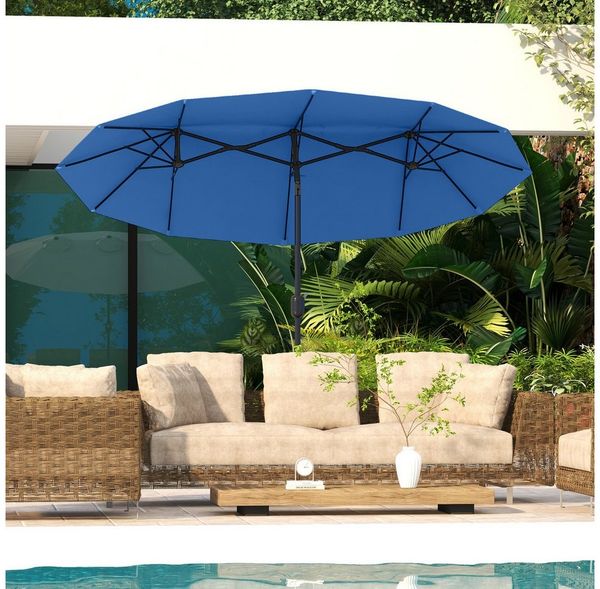 Outsunny Sonnenschirm Doppelsonnenschirm mit Handkurbel verstellbarem Neigungswinkel, LxB: 285x147 cm, windfest Doppelsonnenschirm, neigbar Gartenschirm, windfest Gartenschirm für Terrasse Pool Marineblau