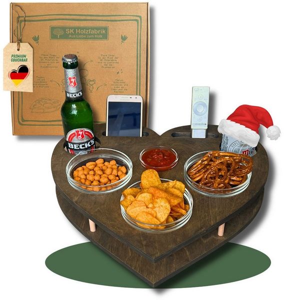 PEGSEN Servier-Set Couchbar mit Handyhalterung Snackbar Herz mit 4 Snackschalen Tablett, Birkenholz, Stabil & Praktisch, lebensmittelechte Glasschalen, Handyhalterung