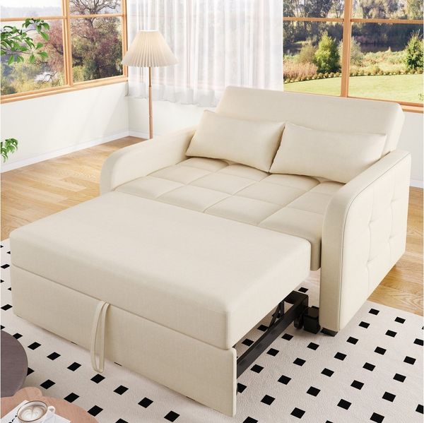 Merax Schlafsofa mit verstellbarer Rückenlehne & Kissen, 127x75x94 cm/127x180x57 cm 1 Teile, Doppel-Klappsofa Multifunktions Polstersofa Sofabett aus Leinen