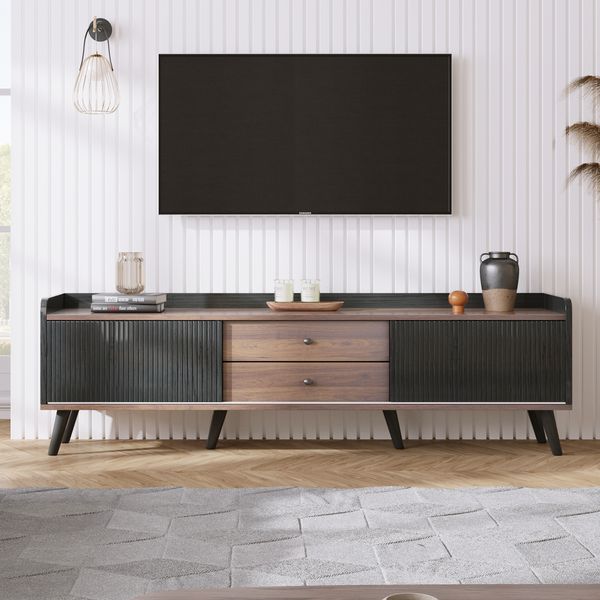 Merax Lowboard mit 2 Schubladen in Holzoptik und 2 Schiebetüren, TV-Board, TV-Schrank, Schwarz & Walnuss