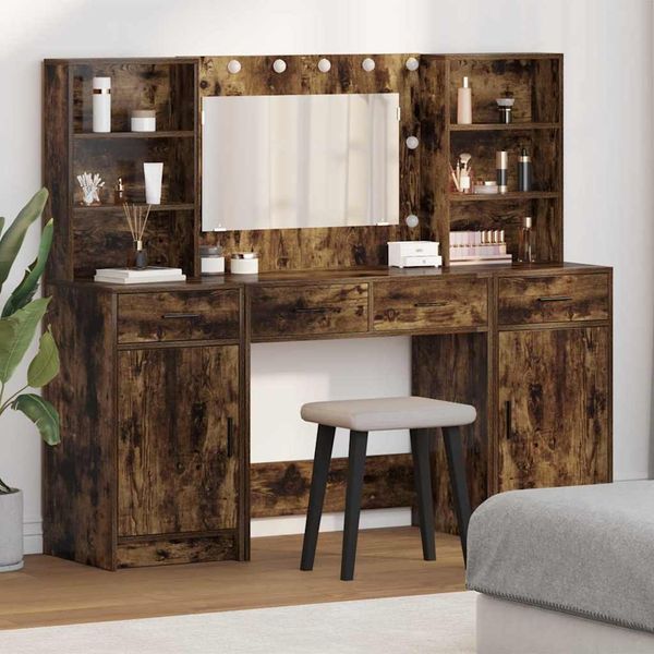 Schminktisch-Set, Kosmetiktisch mit LED 3 pcs Geräucherte Eiche Holzwerkstoff