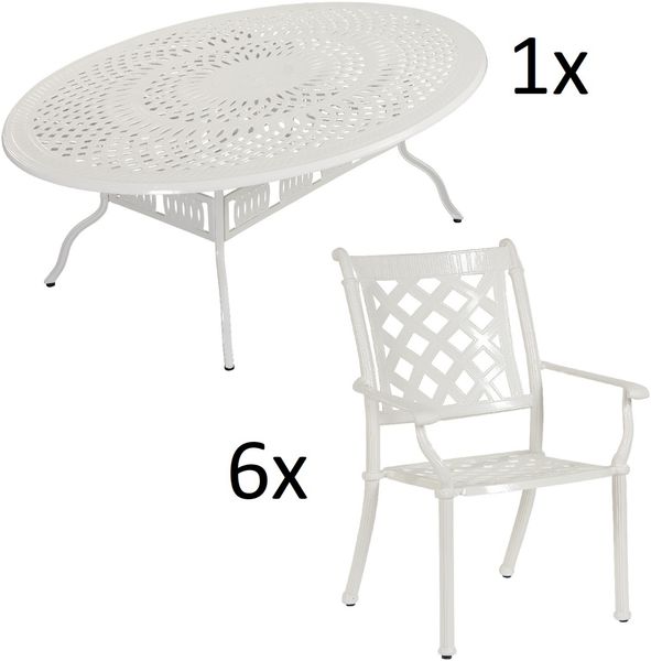 Inko 7-teilige Sitzgruppe Alu-Guss weiß Tisch oval 216 x 152 x 74 cm cm mit 6 Sesseln Tisch 216x152 cm mit 6x Sessel Duke