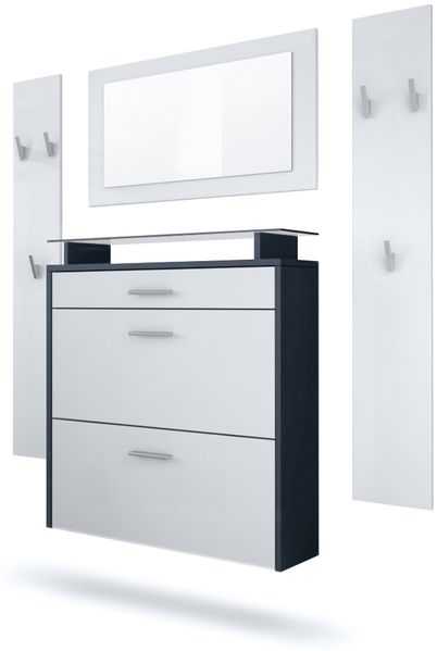 Vladon Garderobe Malea, Garderobenset bestehend aus 1 Hängeschuhschrank, 1 Wandspiegel und 2 Garderobenpaneele, Anthrazit matt/Weiß matt