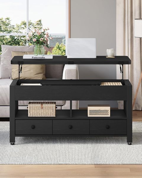 Couchtisch, Höhenverstellbarer Wohnzimmertisch mit 3 Schubladen und 2 Fächer, 50 × 100 × 63 cm, Kaffeetisch Fach Umwandelbar in Esstisch, für Wohnzimmer, Homeoffice, Schwarz