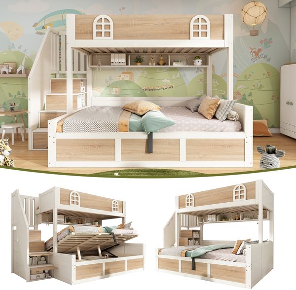 Merax Etagenbett Kinderbett 90x200 cm und 140x200 cm Holzbett mit hydraulischem Stauraum Treppenschrank Lattenroste und Rausfallschutz, Weiß&Natur Bild 2