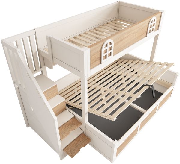 Merax Etagenbett Kinderbett 90x200 cm und 140x200 cm Holzbett mit hydraulischem Stauraum Treppenschrank Lattenroste und Rausfallschutz, Weiß&Natur Bild 9