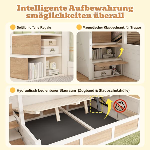 Merax Etagenbett Kinderbett 90x200 cm und 140x200 cm Holzbett mit hydraulischem Stauraum Treppenschrank Lattenroste und Rausfallschutz, Weiß&Natur Bild 7