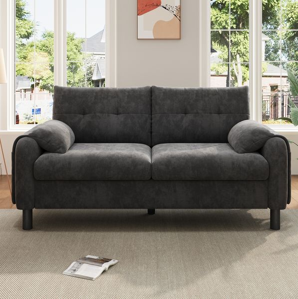 2-Sitzer Sofa 158 x 80 x 88,5 cm in Grau – Chenille-Polstersofa mit Seitentaschen und 2 Kissen