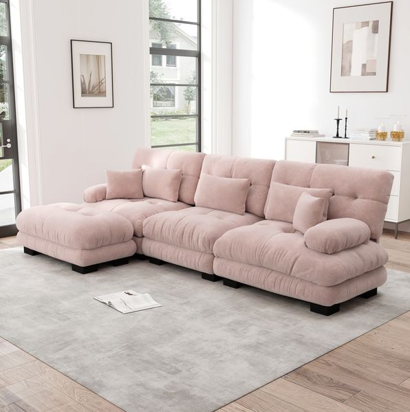 Modulares Ecksofa 81cm×313cm×145cm mit Ottomanen – Chenille in Rosa