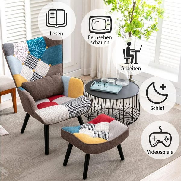 HomeMiYN Ohrensessel Relaxsessel Lehnstühle Patchwork Ohrensessel mit Hocker lesesessel, Chair