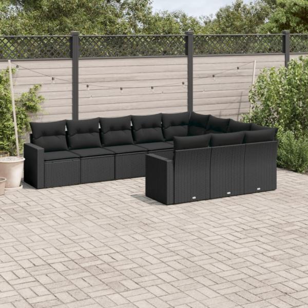 vidaXL 10-tlg. Garten-Sofagarnitur mit Kissen Schwarz Poly Rattan 3219475