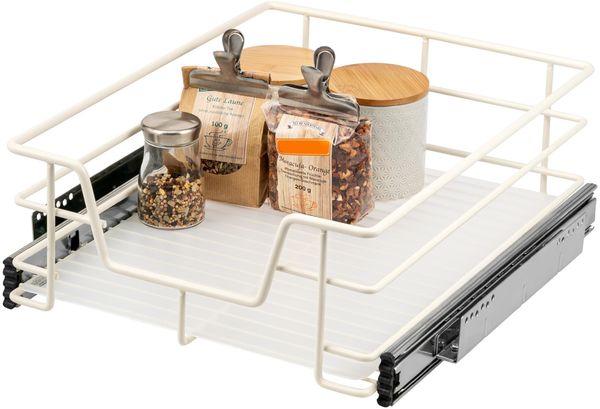 Teleskopschublade für 50 cm Schrank mit Einlegeboden, aus Metall, cremeweiß