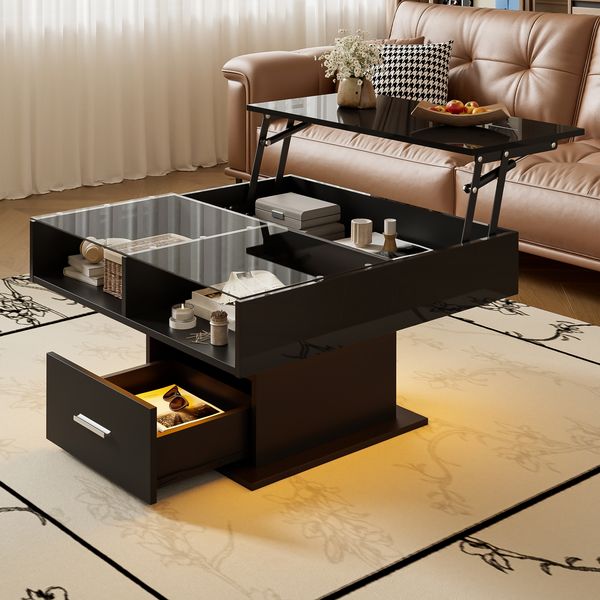 Lift-Couchtisch Schwarz Hochglanz 78x78 cm höhenverstellbarer Tisch mit LED-Beleuchtung, Schublade und Ablagefach