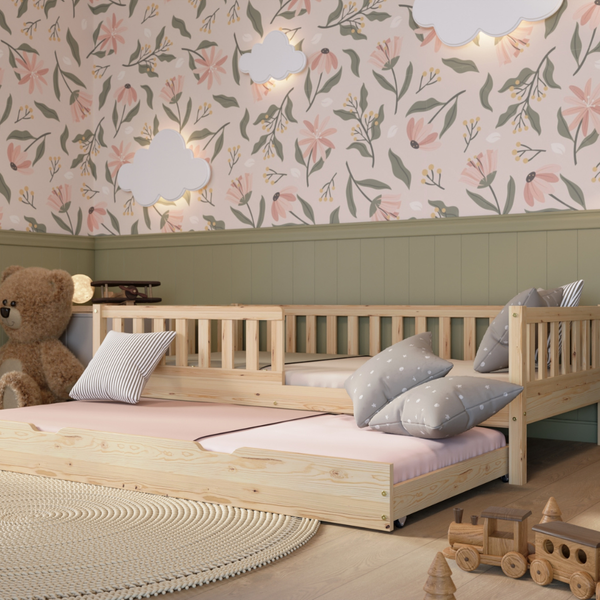 Crazy Pine 'Crazy Basic' Kinderbett mit Rausfallschutz, Skandinavisches Design, Holz, Natur, 90x190 cm, mit Ausziehbett