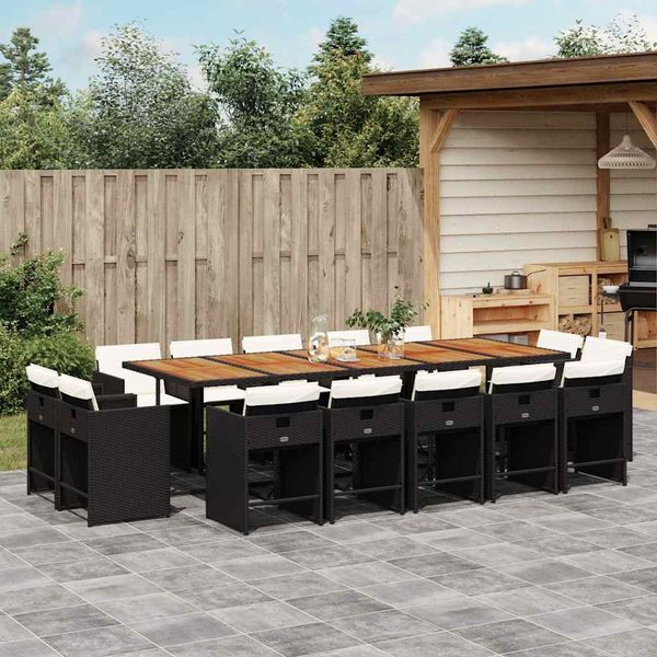 vidaXL 15-tlg. Garten-Essgruppe mit Kissen Schwarz Poly Rattan 3211239