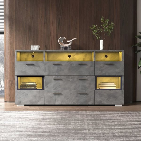 Merax Sideboard mit 3 Schubladen und 3 offenen Fächern, Kommode Industrial mit LED, Lowboard mit Metallgriff, B:140cm
