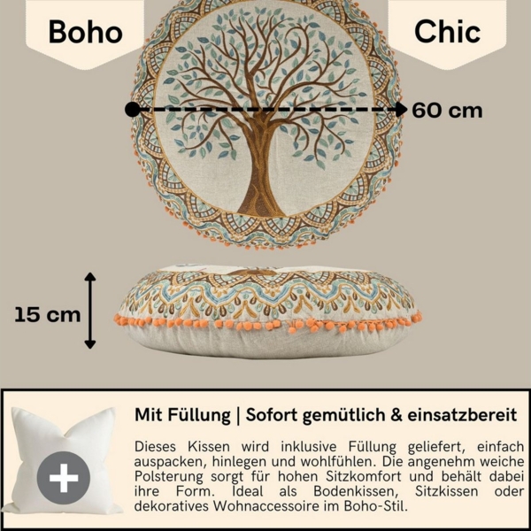 Marrakesch Orient & Mediterran Interior Bodenkissen Bodenkissen Guansha rund 60x15cm, Baumwolle bestickt Baum des Lebens Bild 2