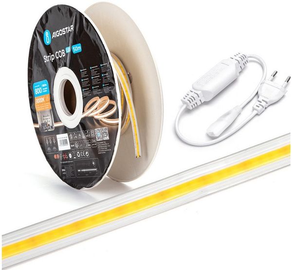 Aigostar LED Stripe COB LED Strip Streifen Flexibel 10 mm P65 für innen und Außenbereich, COB-Technologie, durchgehend licht, alle 50 cm kürzbar, 230V