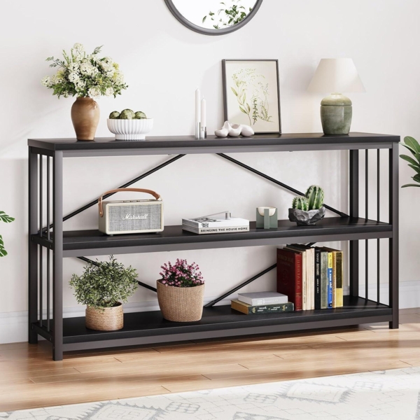 Konsolentisch Holz Schwarz 3 Ebenen Bücherregal Sofatisch 140x34x75cm