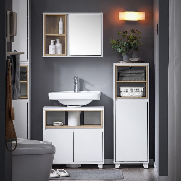 SoBuy Wäscheschrank BZR146, Badezimmerschrank Badkommode Badschrank Schrank freistehend Wäscheschrank mit 1 Wäschebox und 2 offenen Fächern, Badezimmer