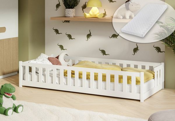 Kids Collective Kinderbett Bodenbett mit Rausfallschutz & Lattenrost Montessori Betten Kinder (Verfügbare Größen: 80x160, 80x180, 90x190, 90x200, 120x200, 140x200 cm), Jugendbett Einzelbett Kiefer mit Matratze Weiß 80x160 cm
