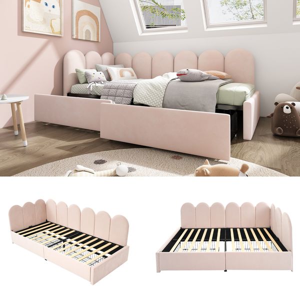 Novelux Polsterbett 90x190 cm mit Schubladen & Lattenrost – Samt Rosa, Daybed Tagesbett Schlafsofa für Mädchen Jugendzimmer, Stauraumbett (Ohne Matratze)