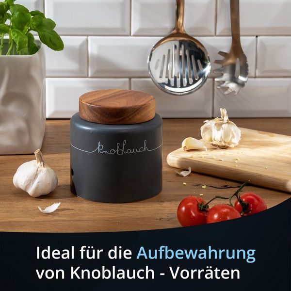 KHG Vorratsdose für Knoblauch aus Steinzeug mit Akazienholzdeckel und Belüftung, Steingut, Belüftete Aufbewahrungsdose für Knoblauch – stilvoll & langlebig