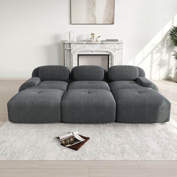 3-Sitzer modulares Ecksofa H 75 x T 298 x B 178 cm aus Cordstoff in Grau, rahmenlos