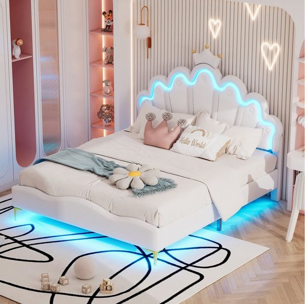 Flieks Polsterbett, LED Kinderbett Doppelbett mit krone-Form Prinzessinnenbett 140x200cm