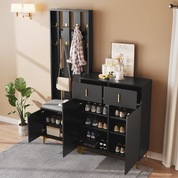 Garderobenset Schwarz, 60,5 x 35,2 x 180,5 cm + 83 x 35 x 101 cm, mit Schuhschrank und Sitzkissen