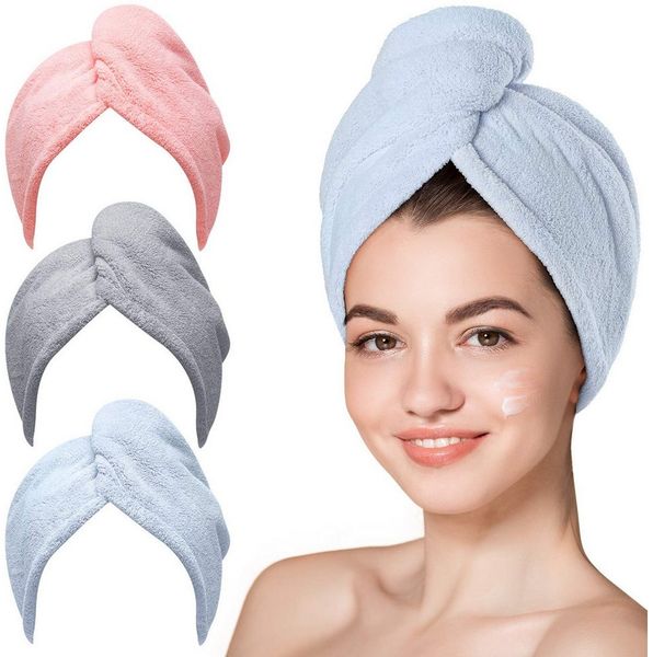 FOUORTUNATE-BEE Turban-Handtuch Schnelltrocknendes Haarhandtuch für Damen mit Knopf, 3er Set, Weiches Mikrofaser-Haartuch für langes & lockiges Haar