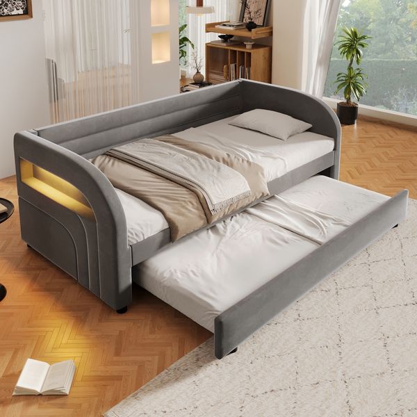 Merax Daybett Polsterbett 90x200cm mit Ausziehbett 90x190cm und LED-Beleuchtung, Grau