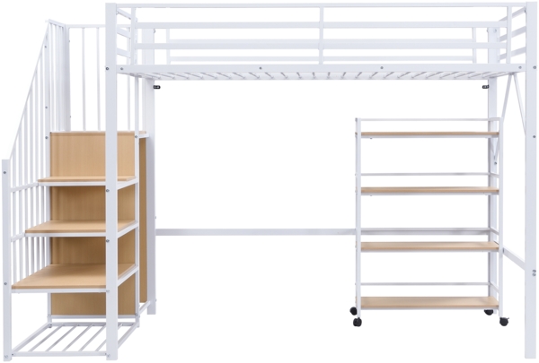 Merax Hochbett, 90x200cm Eisenbett, Vierstöckiges Regal mit Rollen, Sicherheitsgeländer, Eckleiterschrank mit Kleiderstange, Weiß+Natur Bild 8