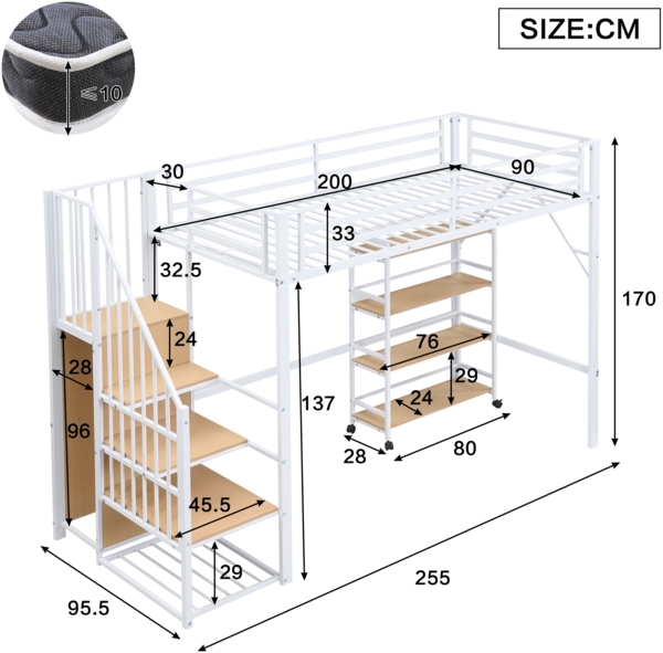 Merax Hochbett, 90x200cm Eisenbett, Vierstöckiges Regal mit Rollen, Sicherheitsgeländer, Eckleiterschrank mit Kleiderstange, Weiß+Natur Bild 4