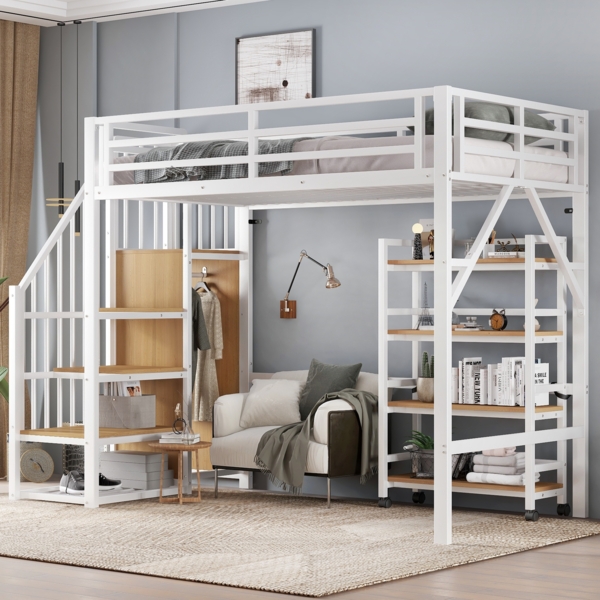 Merax Hochbett, 90x200cm Eisenbett, Vierstöckiges Regal mit Rollen, Sicherheitsgeländer, Eckleiterschrank mit Kleiderstange, Weiß+Natur Bild 3