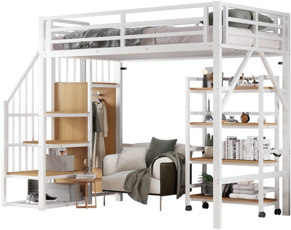 Merax Hochbett, 90x200cm Eisenbett, Vierstöckiges Regal mit Rollen, Sicherheitsgeländer, Eckleiterschrank mit Kleiderstange, Weiß+Natur Bild 10