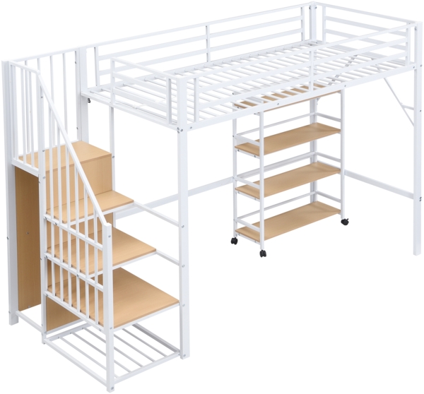 Merax Hochbett, 90x200cm Eisenbett, Vierstöckiges Regal mit Rollen, Sicherheitsgeländer, Eckleiterschrank mit Kleiderstange, Weiß+Natur Bild 9