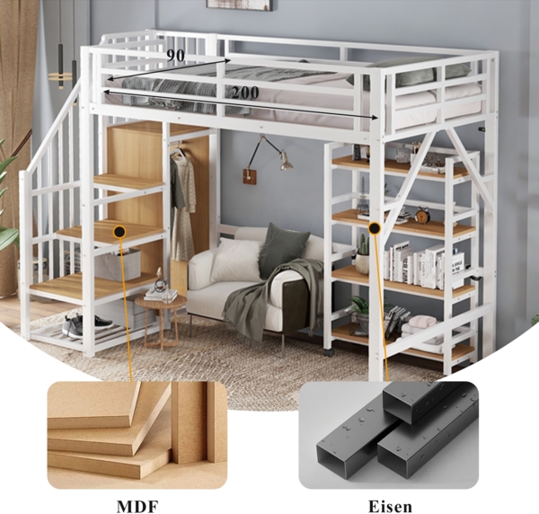 Merax Hochbett, 90x200cm Eisenbett, Vierstöckiges Regal mit Rollen, Sicherheitsgeländer, Eckleiterschrank mit Kleiderstange, Weiß+Natur Bild 5