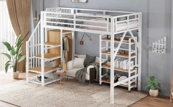 Merax Hochbett, 90x200cm Eisenbett, Vierstöckiges Regal mit Rollen, Sicherheitsgeländer, Eckleiterschrank mit Kleiderstange, Weiß+Natur Bild 7