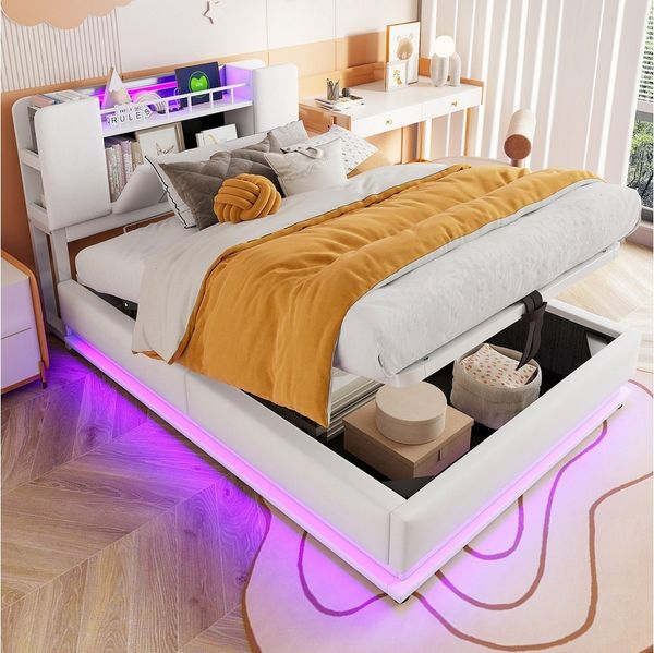 REDOM Polsterbett Samtstoff, integrierte LED-Beleuchtung, USB-Anschluss (hydraulischer Stauraum, Metallgestell, Stauraumbett Gästebett, 90x200 cm), Inklusive Matratze