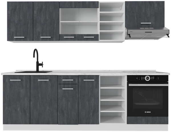 Küchenzeile R-Line Schwarz Beton/Weiß 240 cm ohne Arbeitsplatte Vicco