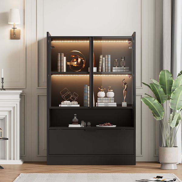 LED-Vitrine, 80x35x120 cm, schwarze Vitrine mit 16-Farben LED, Glastüren & Klappfach