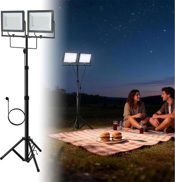 FIVMEN LED Baustrahler Doppel Arbeitsstrahler mit Einstellbar Stativ Arbeitsleuchte mit Kabel, 2*200W, Arbeitsscheinwerfer 360° Grad Drehung Strahler, Kaltweiß