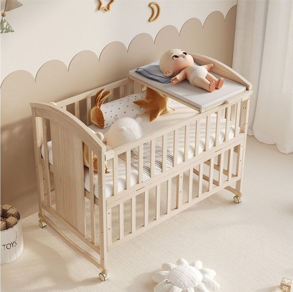 HAUSS SPOLE Babybett mit Wickeltisch,Holz-Babynetzbett Nebenbett mit klappbarem Ablagerack, als Nebenbett mit Roll aus massivem Kiefernholz