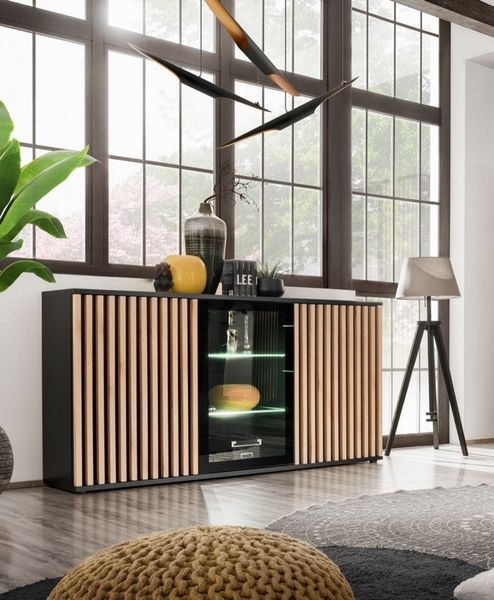 Kommode Cameron in Schwarz und Hickory Jackson mit Beleuchtung und Lamellen 160 x 92 x 40