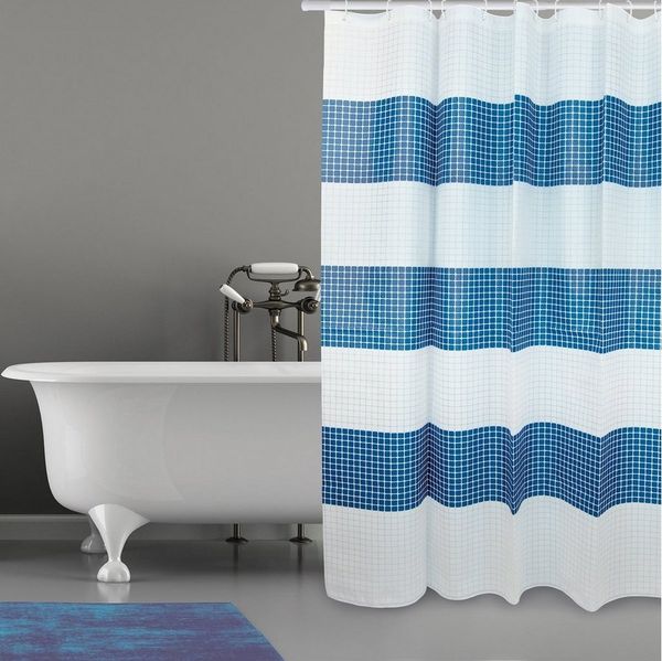 MSV Duschvorhang Cotexsa QUADRO Breite 180 cm, Premium Textil-Duschvorhang, Made in Spain, 100% Polyester, wasserundurchlässig, Anti-Schimmel-Effekt, Anti-Bakteriell beschichtet, waschbar 30°, 180x200 cm, Farbe weiß / blau