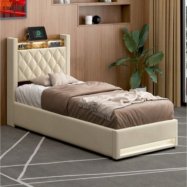 HAUSS SPOLE Polsterbett 90x200cm mit USB, 2 Steckdosen, LED-Beleuchtung Metallrahmen Beige