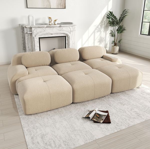 Modulares Ecksofa 75cm×298cm×178cm in Beige aus Cordstoff – rahmenlos, montagefrei, mit geschwungenen Armlehnen