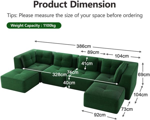 Ecksofa modular in Grün, Cordbezug, U-Form mit Ottomane, tiefes Sitzdesign, rutschfeste Standfüße,69x386x177 cm Bild 5